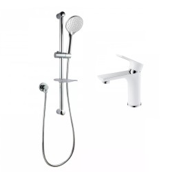 Round Chrome Shower Slider with Sliding Handpiece Holder & Soap Dish With Solid Brass White & Chrome Basin Mixer Tap Combo